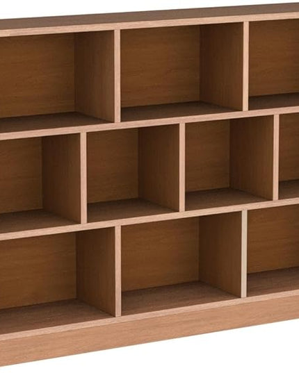 IOTXY Open Shelf Low Bookcase - Wooden 3-Tier Floor Standing Display Cabinet Organizer with Base, 10 Cubes Short Horizontal Bookshelf in Pear Yellow - LeafyLoom