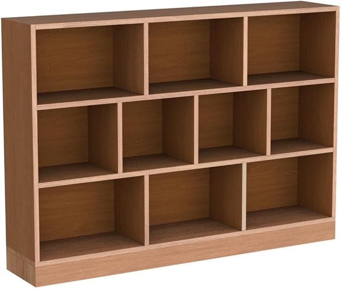IOTXY Open Shelf Low Bookcase - Wooden 3-Tier Floor Standing Display Cabinet Organizer with Base, 10 Cubes Short Horizontal Bookshelf in Pear Yellow - LeafyLoom