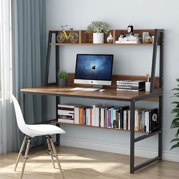 Tribesigns Computer Desk with Hutch, 47 inches Home Office Desk with Space Saving Design with Bookshelf for Small Spaces (Dark Walnut, 47) - LeafyLoom