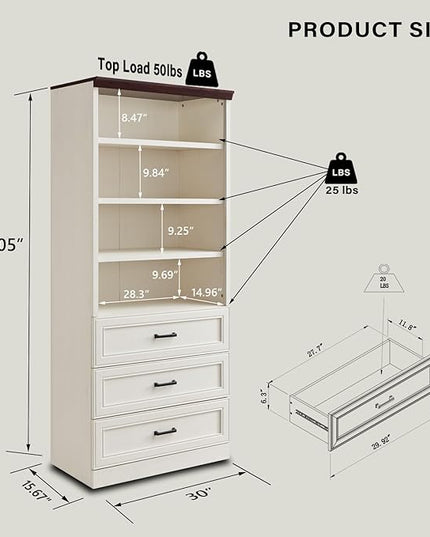 72" Tall Bookshlef with 3 Drawers, Farmhouse 4-Tier Bookcase with Adjustable Shlef, Wooden Storage Cabinet for Living Room, Kitchen, Home Office, Dining Room, White - LeafyLoom