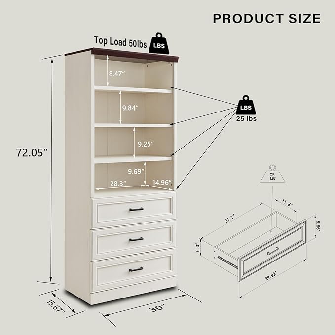 72" Tall Bookshlef with 3 Drawers, Farmhouse 4-Tier Bookcase with Adjustable Shlef, Wooden Storage Cabinet for Living Room, Kitchen, Home Office, Dining Room, White - LeafyLoom