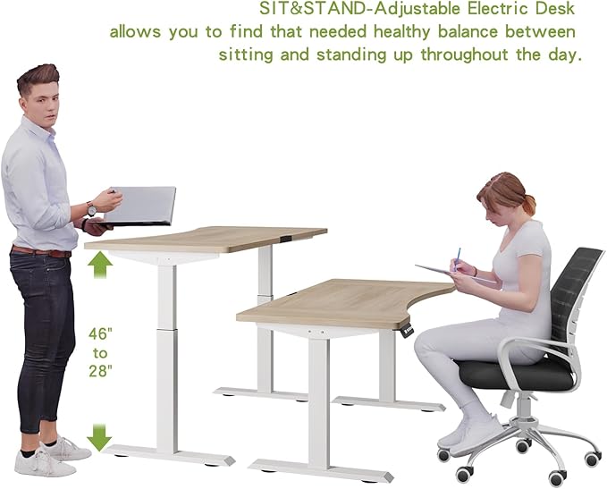 Radlove Dual Motors Height Adjustable 55 x 30'' Electric Standing Desk with Curved Design Stand Up Table 4 Memory Keys, Computer Desk with Splice Board Home Office Desk, Oak Top + White Frame - LeafyLoom
