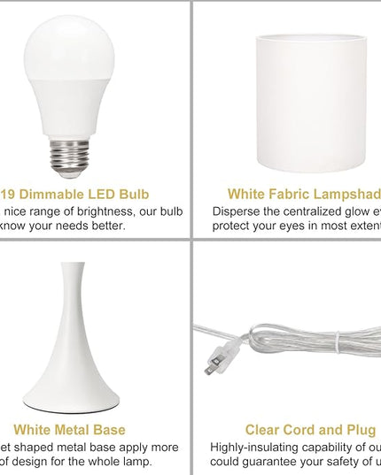 Modern Table Lamps, 3 Way Touch Control Table Lamp, Dimmable Desk Lamp, White Nightstand Lamp with Fabric Shade, Small Bedside Lamp for Living Room, Dorm,Home Office, LED Bulb Included - LeafyLoom