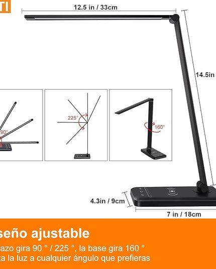 LED Desk Lamp with Wireless charging，Dimmable Desk Light, 5 Light Colors, 6 Brightness Levels, Touch Control Table Lamp with USB Rechargeable, Auto Timer, for College Dorm, Home, Office - LeafyLoom