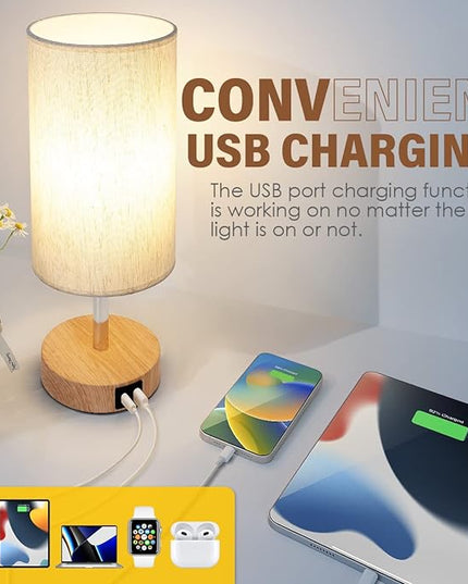 Yarra-Decor Bedside Lamp with USB A+C Port - Touch Control Table Lamp for Bedroom Wood 3 Way Dimmable Nightstand Lamp with Round Flaxen Fabric Shade for Home Office (LED Bulb Included) - LeafyLoom