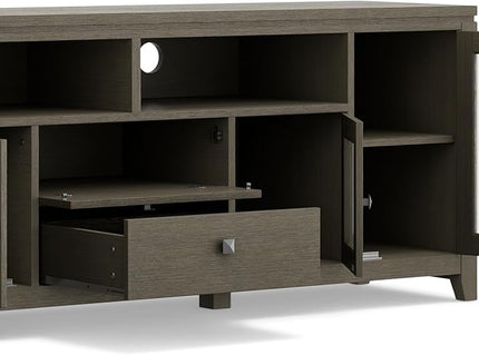 SIMPLIHOME Cosmopolitan SOLID WOOD Universal TV Media Stand, 72 inch Wide, Contemporary, Living Room Entertainment Center with Storage, for Flat Screen TVs up to 80 inches in Farmhouse Grey - LeafyLoom
