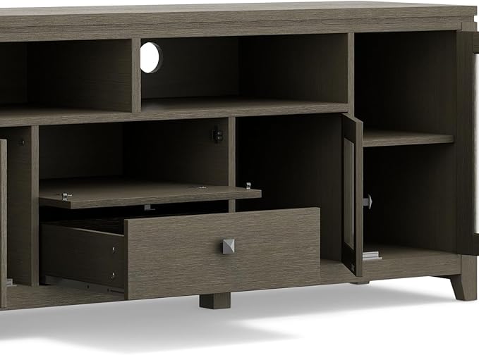 SIMPLIHOME Cosmopolitan SOLID WOOD Universal TV Media Stand, 72 inch Wide, Contemporary, Living Room Entertainment Center with Storage, for Flat Screen TVs up to 80 inches in Farmhouse Grey - LeafyLoom