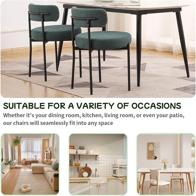 EDWELL Green Dining Chairs Set of 4, Modern Upholstered Dining Room Chairs with Thick Cushion, Curved Backrest Kitchen Chairs Boucle Chair for Dining Room, Living Room - LeafyLoom
