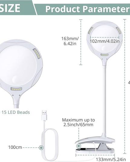 COLFULINE Magnifying Lamp 5X 10X, 2-in-1 Rechargeable Magnifying Glass with Light, LED Magnifying Light with Base & Clamp and Touch Button for Reading, Working, Crafts, 3 Adjustable Brightness - LeafyLoom