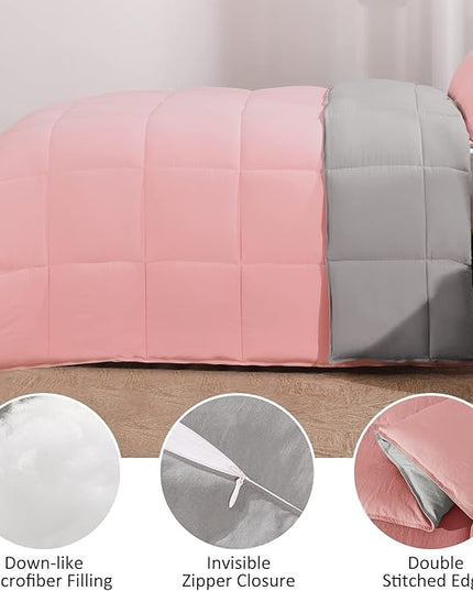 Basic Beyond Twin Comforter Set for Girls and Boys - Fluffy Twin Bed Comforter Set for All Seasons - Reversible Pink and Grey Twin Comforter Set - 2 Pieces (1 Comforter + 1 Pillow Sham) - LeafyLoom