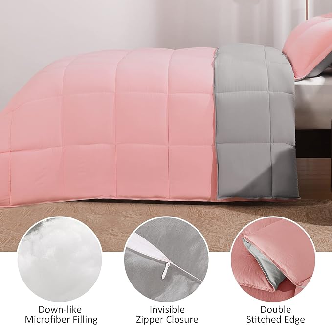 Basic Beyond Queen Comforter Set - Fluffy Comforter Queen Set for All Seasons - Reversible Pink Comforter Set Queen for Mens - 3 Pieces (1 Comforter + 2 Pillow Shams) - Pink/Grey - LeafyLoom