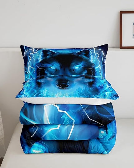 Wolf Bedding Set Safari Animal Pattern Comforter Cool Wildlife Style Comforter Set for Boys Girls Kids Room Decor Glitter Blue Wild Wolf Lightweight Duvet Set Full Size with 2 Pillow Case - LeafyLoom