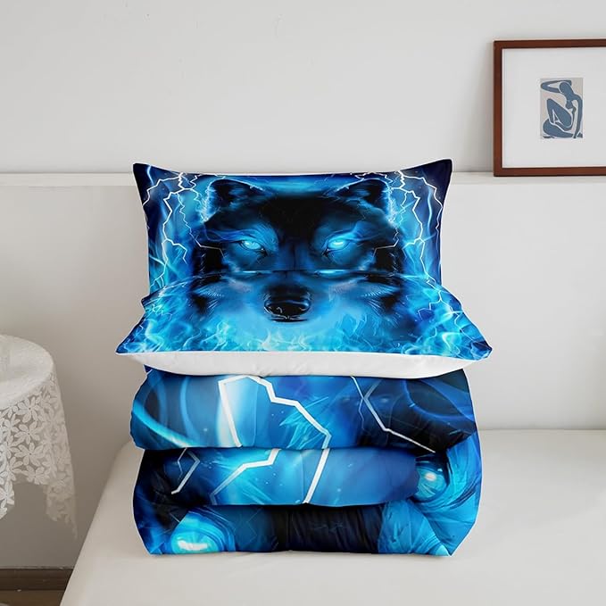 Wolf Bedding Set Safari Animal Pattern Comforter Cool Wildlife Style Comforter Set for Boys Girls Kids Room Decor Glitter Blue Wild Wolf Lightweight Duvet Set Full Size with 2 Pillow Case - LeafyLoom
