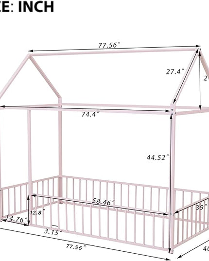 RITSU Twin Size Montessori Floor Bed, Metal House Bedframe with Fence, Robust Construction is Used, for Children'S Rooms, Boys Girls, No Box Spring Needed, Easy Assembly, Pink - LeafyLoom