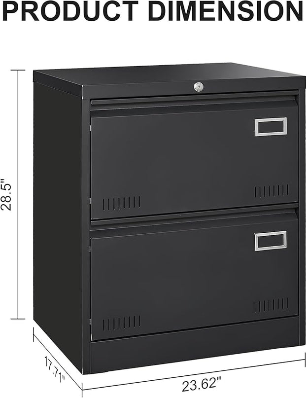 2 Drawer Lateral Lock and Card Holder, Multifunctional Metal Filing Cabinets w/Heavy 3 Section Slide Rail & Breathable Holes,for Legal/Letter/A4,Black - LeafyLoom