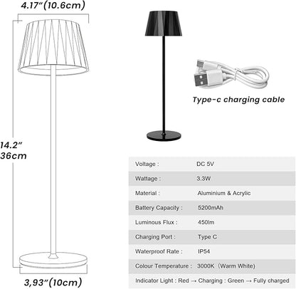 Modern LED Rechargeable Table Lamp,5200mAh Desk Lamp with Stepless Dimming, Touch Switch Cordless Waterproof Night Light for Bedroom Camping Restaurant Bar (Black, 3000K, Warm White) - LeafyLoom