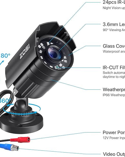 ZOSI 4 Pack 1080P 1920TVL Home Security Cameras Outdoor Indoor, Night Vision, IP66 Weatherproof 2MP Surveillance Camera, Work For 720P/1080P/5MP/4K HD-TVI,AHD,CVI analog CCTV DVR System (Black) ZOSI