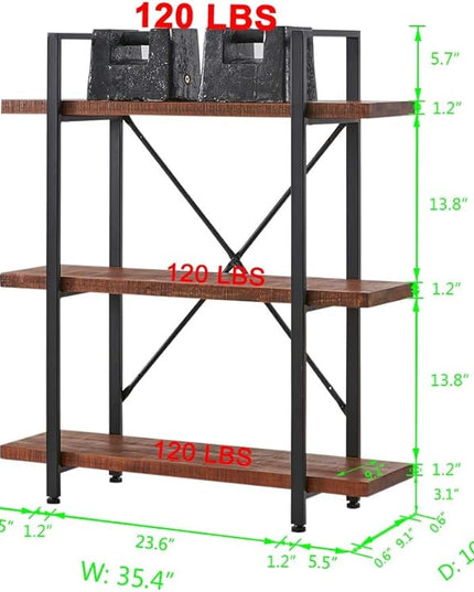 HSH Natural Real Wood Bookshelf, 3 Tier Rustic Vintage Industrial Etagere Bookcase, Open Metal Farmhouse Solid Wooden Book Shelf, Distressed Brown - LeafyLoom