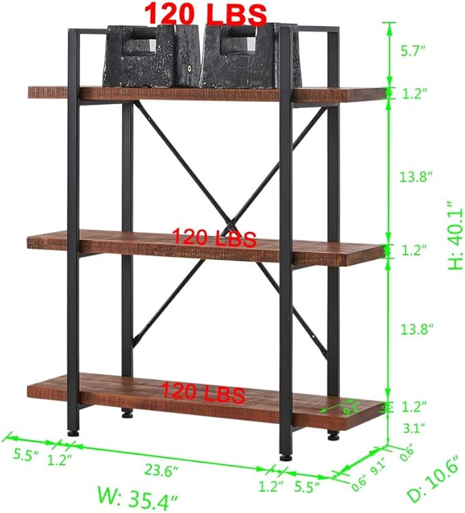 HSH Natural Real Wood Bookshelf, 3 Tier Rustic Vintage Industrial Etagere Bookcase, Open Metal Farmhouse Solid Wooden Book Shelf, Distressed Brown - LeafyLoom