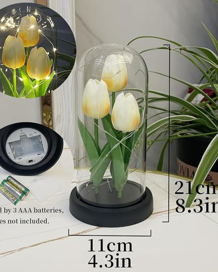 LED Tulip Lamp Artificial Flower Night Light Handmade Light up Tulips in Glass Dome Table Lamp Ornaments Desktop Decor - Battery Operated (Champagne) - LeafyLoom