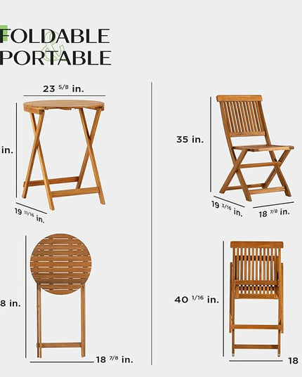 Round Table Heavy Duty 400lbs Capacity Patio Bistro Set 3 Piece Outdoor, Folding Chairs w/Cushion - LeafyLoom