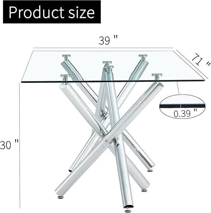 NicBex Large Modern Minimalist Rectangular Glass Dining Table for 6-8 with 0.39" Tempered Glass Tabletop and Silver Chrome Metal Legs for Kitchen Dining Living Meeting Room Banquet Hall, Transparent - LeafyLoom