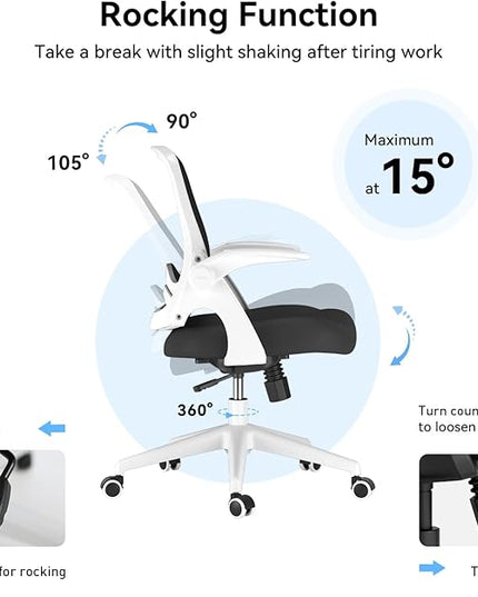 Hbada Office Chair with Flip-Up Armrests, Desk Chair with Saddle Cushion, Ergonomic Office Chair with S-Shaped Backrest, Comfy Mesh Chair for Home and Office, White - LeafyLoom