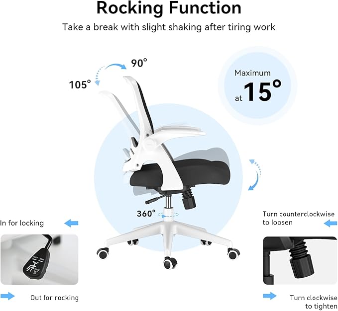 Hbada Office Chair with Flip-Up Armrests, Desk Chair with Saddle Cushion, Ergonomic Office Chair with S-Shaped Backrest, Comfy Mesh Chair for Home and Office, White - LeafyLoom