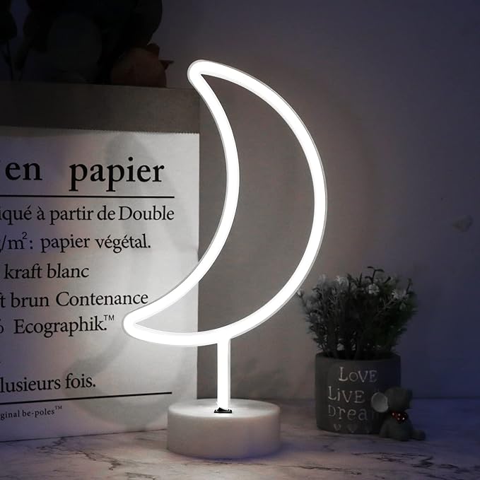 Neon Moon Lights, LED Moon Decor Neon Signs Art Decorations Crescent Night Lights Lamp for Party Supplies, Children Kids Girls Gift-Moon with Holder Base(White) - LeafyLoom