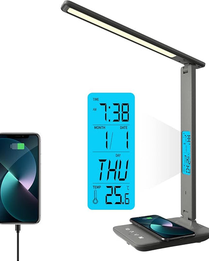 poukaran Desk Lamp, LED Desk Lamp with Wireless Charger, USB Charging Port, Table Lamp with Clock, Alarm, Date, Temperature, Office Lamp, Desk Lamps for Home Office, Grey - LeafyLoom