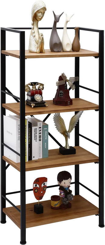 Rustic Bookshelf, 4 Tier Real Wood Bookshelf, Metal Book Shelf for Storage, Black Bookcase, 12.6" D x 23.62" W x 50.39" H - LeafyLoom