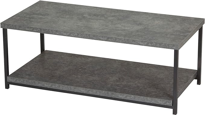 Household Essentials Jamestown Rectangular Coffee Table with Storage Shelf Rustic Slate Concrete and Black Metal, Grey - LeafyLoom