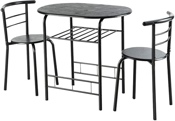 DORTALA 3PCS Dining Table Set, 1 table & 2 chairs set, 3 Piece Compact Dining Set, Oval Table & Mid-back Chairs w/Built-in Wine Rack, Suitable for Small Space, Black - LeafyLoom