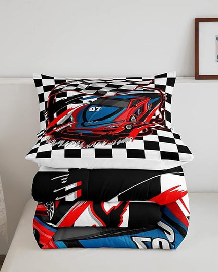 Red Race Car Bedding Set King Size Cool Racing Car Comforter Set Competition Extreme Sports Game Down Comforter for Kids Boys Girls Teens Bedroom Decor Plaid Pattern Duvet Insert with 2 Pillowcases - LeafyLoom