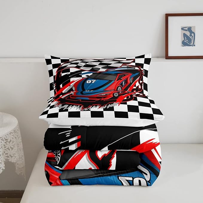 Red Race Car Bedding Set King Size Cool Racing Car Comforter Set Competition Extreme Sports Game Down Comforter for Kids Boys Girls Teens Bedroom Decor Plaid Pattern Duvet Insert with 2 Pillowcases - LeafyLoom