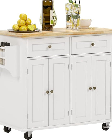 soges Rolling Kitchen Island Cart with Storage, Wood Trolley Cart with Spice and Towel Rack, Mobile Kitchen Storage Cabinet Island Table on Wheels, Serving Cart with Cabinet and Drawers,FZSR-HT01WT - LeafyLoom