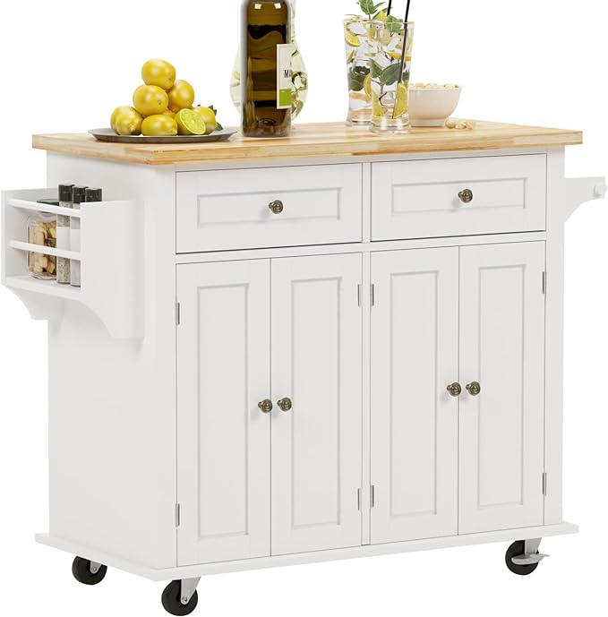 soges Rolling Kitchen Island Cart with Storage, Wood Trolley Cart with Spice and Towel Rack, Mobile Kitchen Storage Cabinet Island Table on Wheels, Serving Cart with Cabinet and Drawers,FZSR-HT01WT - LeafyLoom