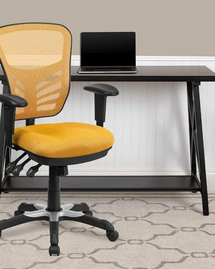 Flash Furniture Nicholas Mid-Back Yellow-Orange Mesh Multifunction Executive Swivel Ergonomic Office Chair with Adjustable Arms - LeafyLoom
