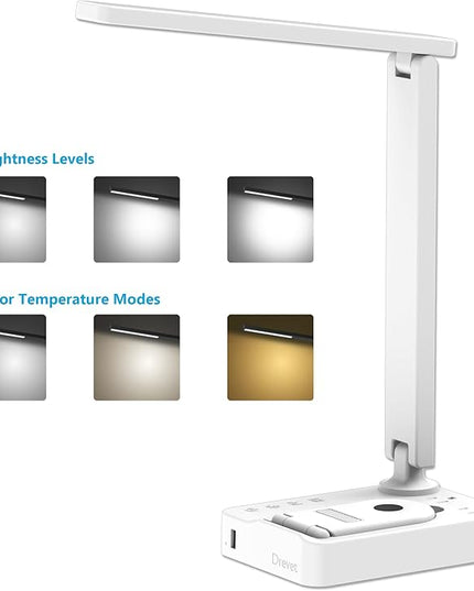 Drevet LED Desk Lamp with Wireless Charger, Desk Table Light with USB Charging Port and 2 Outlets, 3 Lighting Modes, 3 Level Brightness, 1H Timer, Touch Control, Eye-Caring Home Office Lamp, White - LeafyLoom