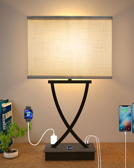 Fully Dimmable Medium Table Lamp for Bedroom with Type C/USB Charging Port and 1 AC Outlet White Shade 21.38" Bedside Nightstand Lamp for Bedroom Living Room Office and Hotel Bulb Included - LeafyLoom
