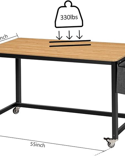 AHB 55" Rolling Computer Desk with 4 Smooth Wheels, Simple Style Mobile Writing Desk Home Office Study Table Movable Workstation with Metal Frame - LeafyLoom