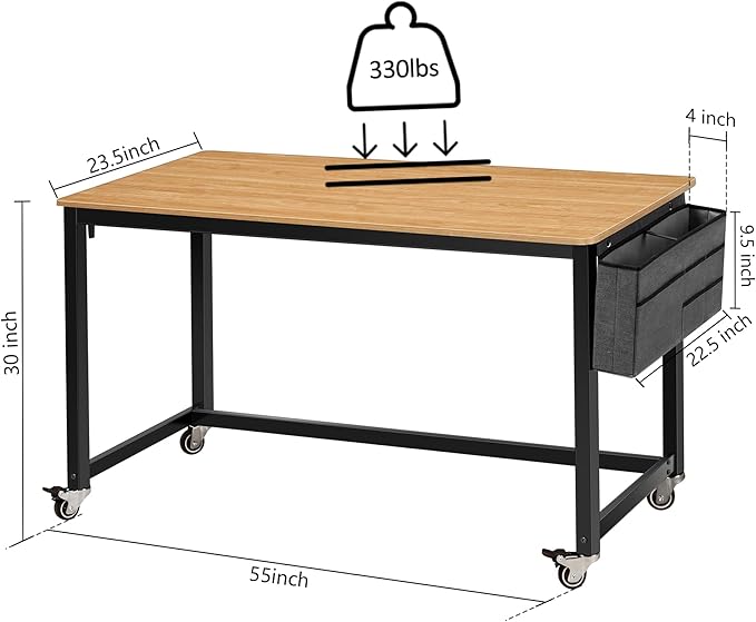 AHB 55" Rolling Computer Desk with 4 Smooth Wheels, Simple Style Mobile Writing Desk Home Office Study Table Movable Workstation with Metal Frame - LeafyLoom