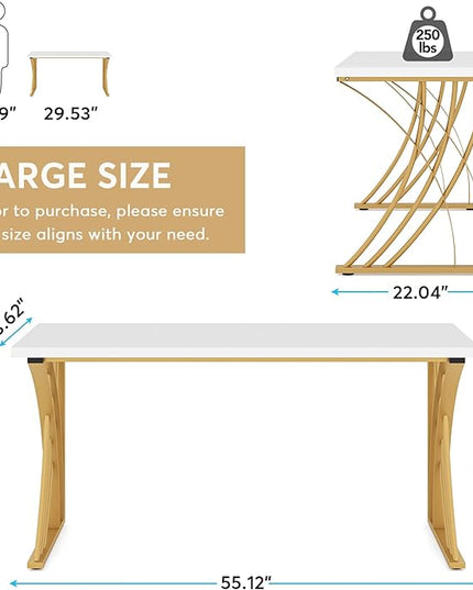 55’’ Large Modern Computer Desk, White & Gold Luxury Laptop PC Student Table, Makeup Vanity Table with Thick Frame & Strong Legs, Sturdy Writing Workstation for Home & Office - LeafyLoom