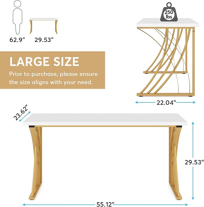 55’’ Large Modern Computer Desk, White & Gold Luxury Laptop PC Student Table, Makeup Vanity Table with Thick Frame & Strong Legs, Sturdy Writing Workstation for Home & Office - LeafyLoom
