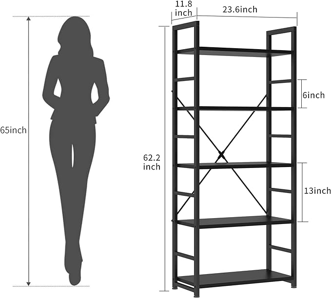 VERMESS Bookshelf Black, 5 Tier Shelving Unit Tall Book Shelf, Wood Bookcase with Open Shelves, Industrial Standing Storage Bookshelves Metal Display Rack for Living Room, Bedroom, Home, Office - LeafyLoom
