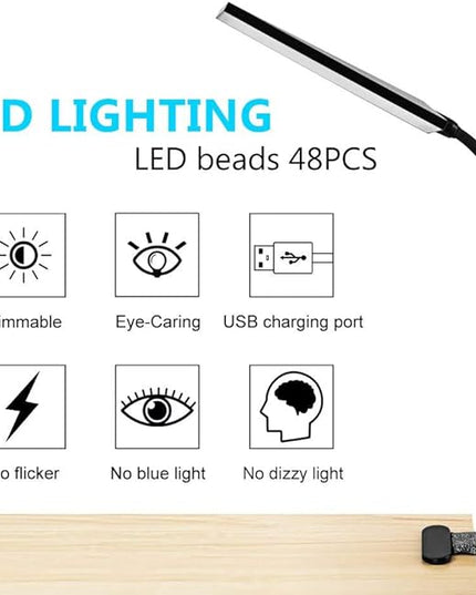 RAOYI LED Desk Lamp, 5W USB Clip on Light Eye-Caring Reading Clamp Table Lamp with 48 LEDs Flexible Gooseneck, 3 Color Modes and 14 Brightness Levels for Office Bedroom Study (Black) - LeafyLoom