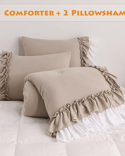 Taupe Ruffled Comforter King Size,Farmhouse Rustic Bedding Shabby Boho Chic Taupe Bedding Vintage Aesthetic Lightweight Fluffy Comforter Set 3 Pieces - LeafyLoom