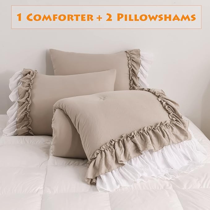 Taupe Ruffled Comforter King Size,Farmhouse Rustic Bedding Shabby Boho Chic Taupe Bedding Vintage Aesthetic Lightweight Fluffy Comforter Set 3 Pieces - LeafyLoom