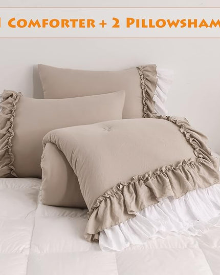 Ruffled Taupe Comforter Set Queen,Farmhouse Shabby Bedding Comforter Sets Vintage French Country Taupe Bedding 3PCS（1 Shabby Comforter and 2 Ruffle Pillowcases） - LeafyLoom
