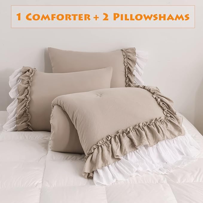 Ruffled Taupe Comforter Set Queen,Farmhouse Shabby Bedding Comforter Sets Vintage French Country Taupe Bedding 3PCS（1 Shabby Comforter and 2 Ruffle Pillowcases） - LeafyLoom